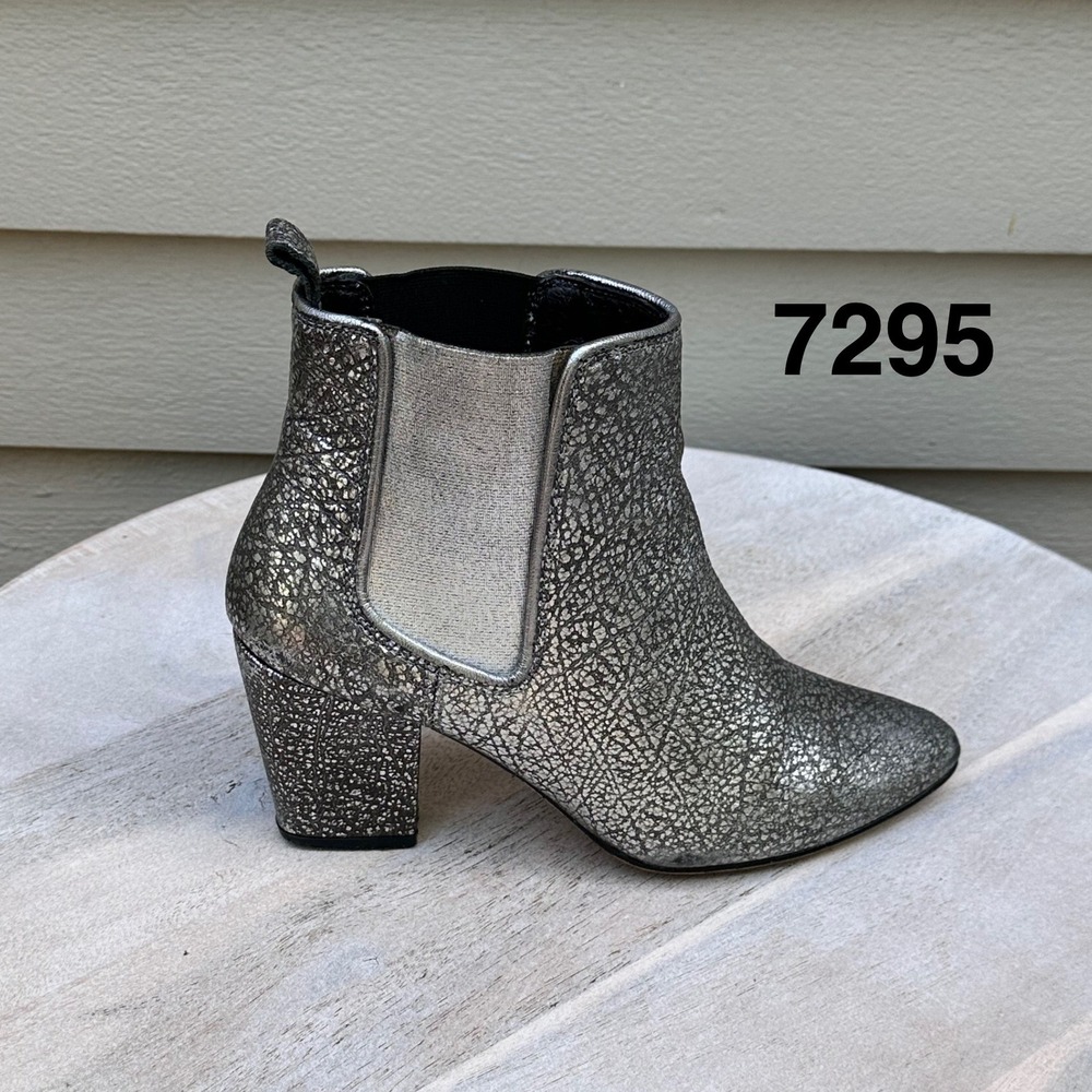 Reiss Silver Metallic Crackle Leather Chelsea Ankle Boots Block Heel EU 37